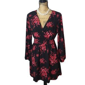 Speechless Womens Wrap Dress M Black Pink Chic Elastic Waist Cottage LS Resort
